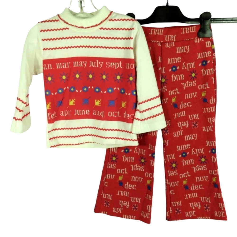 VTG Health-Tex Outfit Set RED FLARE PANTS Turtleneck Top MONTHS OF THE YEAR 4T